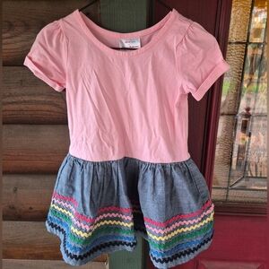 Hanna Andersson Pink Top with Blue Denim-Look Skirt and Rainbow Trim
